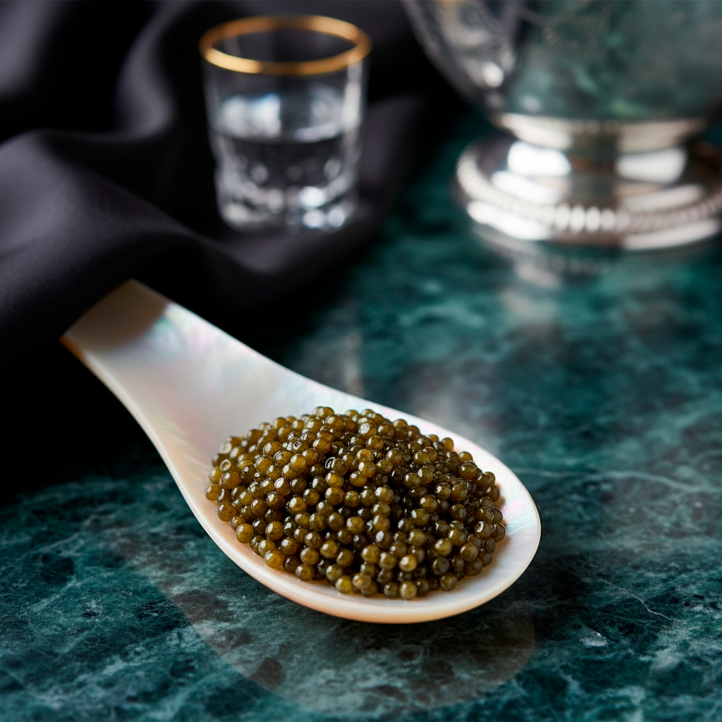 Caviar Osetra del Caspio: granos ámbar oscuro, textura delicada y sabor marino con notas de nueces verdes. Ideal para recetas gourmet, maridajes con vino y experiencias exclusivas.