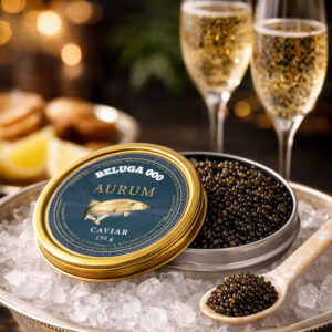 Caviar premium Aurum Beluga 000 servido sobre hielo