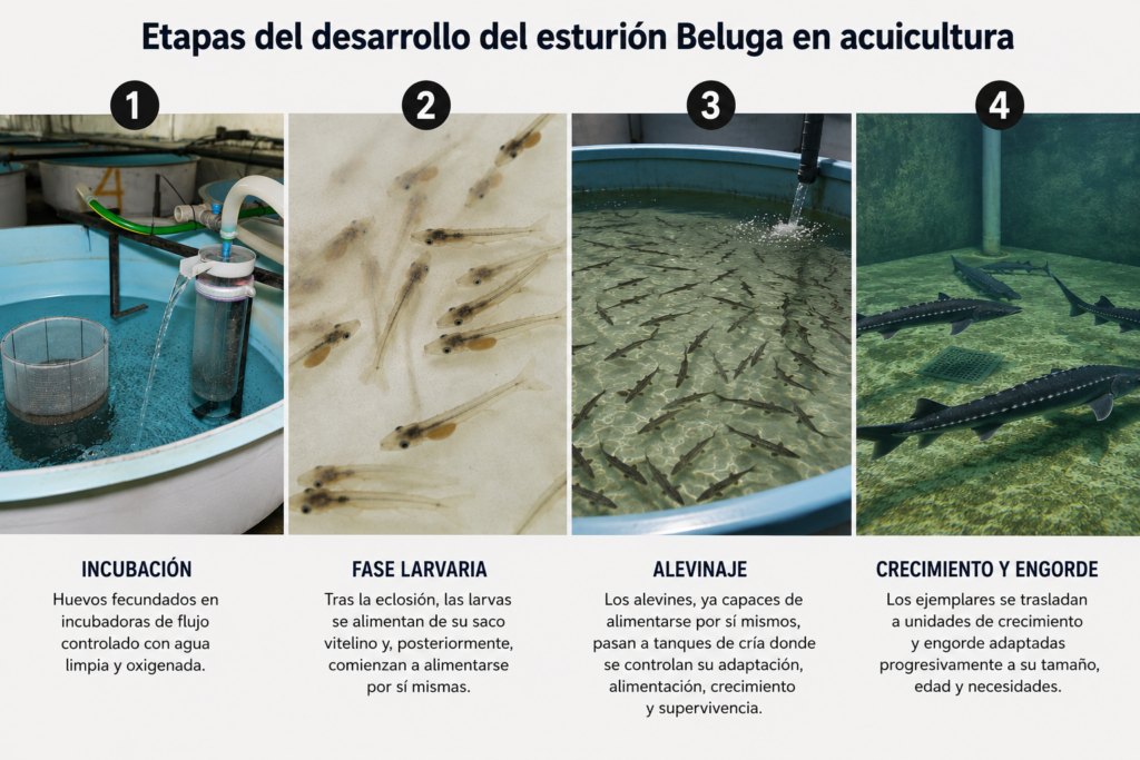 Etapas del desarrollo del esturión Beluga en acuicultura