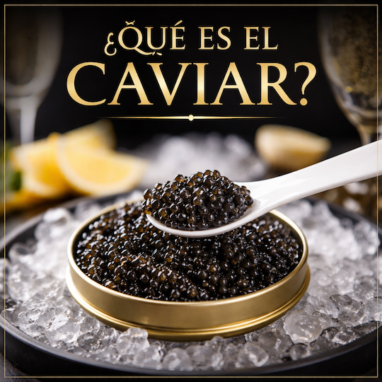 Qué es el caviar: huevas de esturión en cuchara de nácar sobre hielo