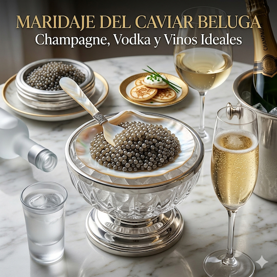 maridaje caviar Beluga con champagne y vodka premium